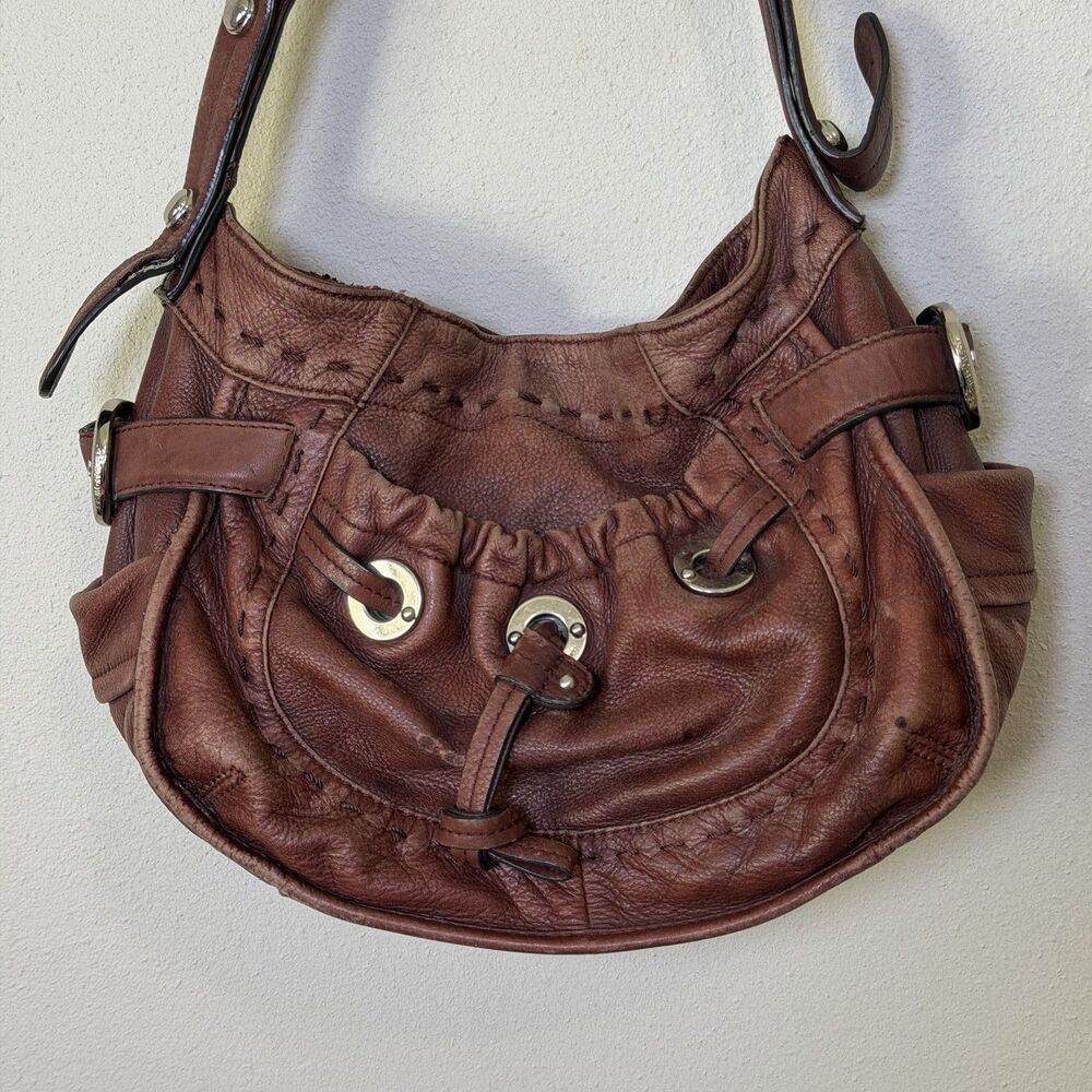 B. Makowsky Y2k Brown Leather Hobo Shoulder Bag Slouchy Cinch Pockets